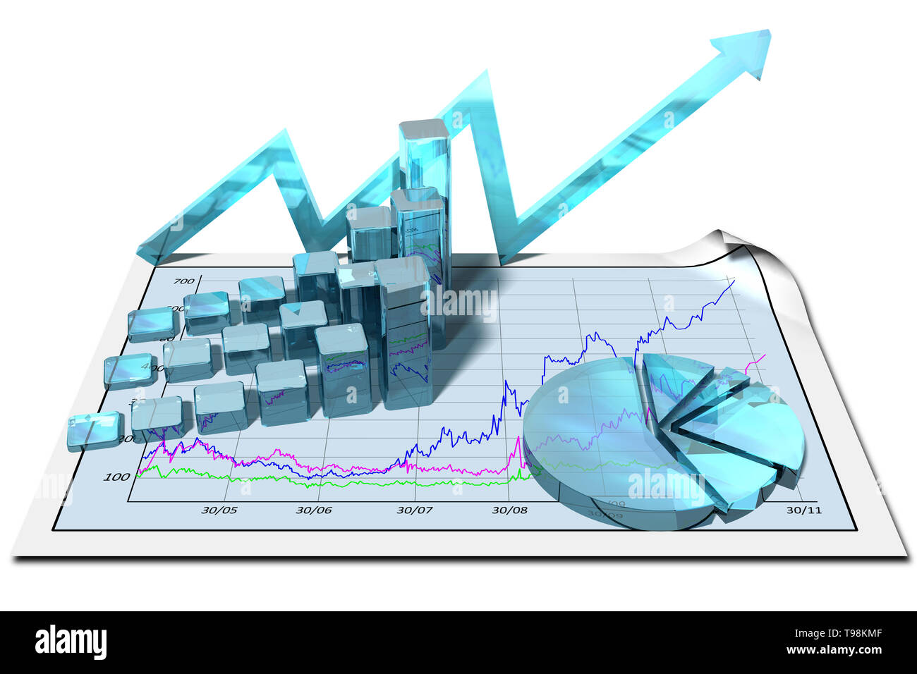 3D-Darstellung. Finanzielle Wachstum Chart. Auf weissem Hintergrund abstrakt. Stockfoto