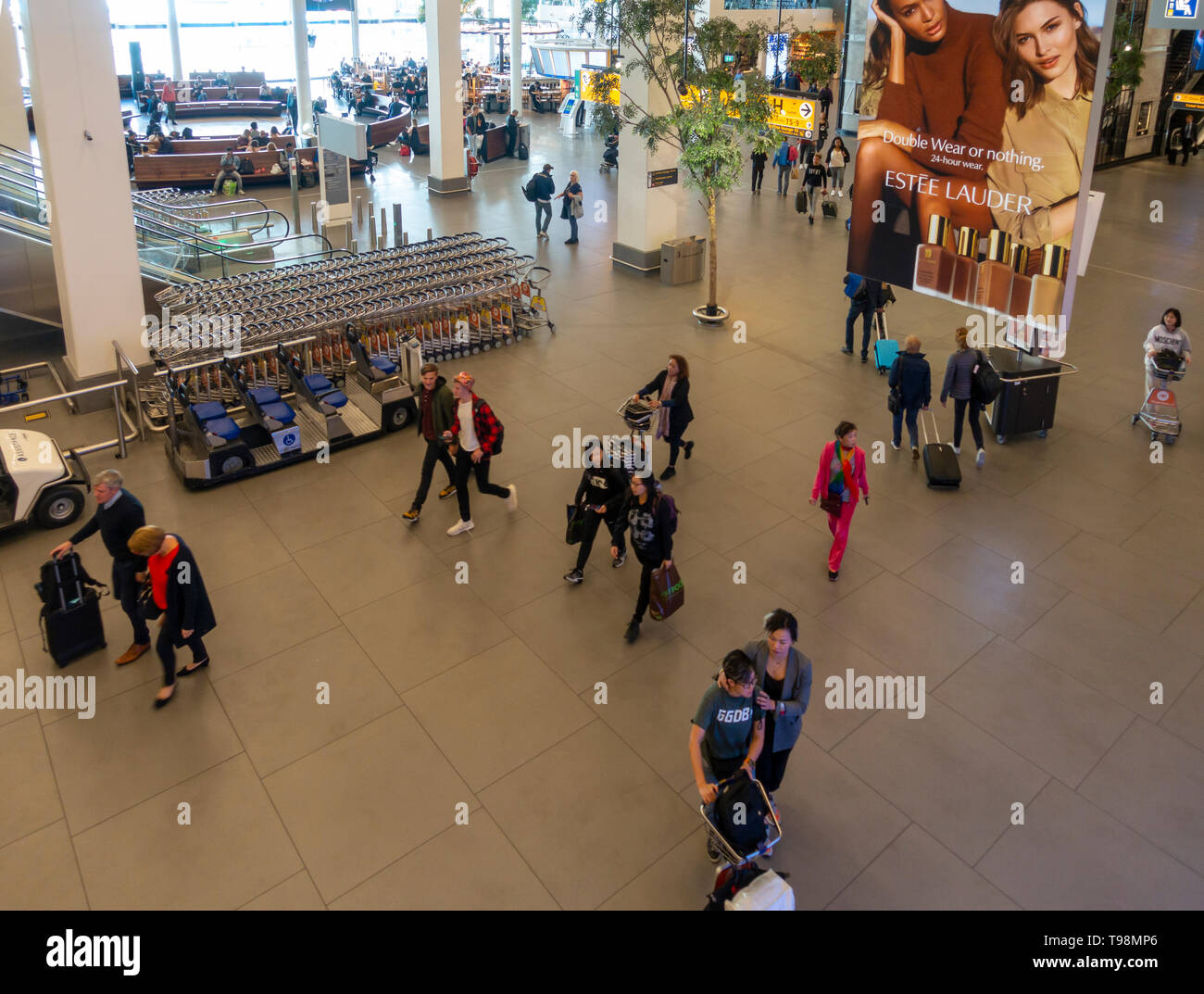 Ansicht von paseengers in der Halle des Flughafens Schiphol, Amsterdam. Auch gezeigt: Behinderung transport, Wohnbereich, Trolley Park, Estee Lauder Stockfoto