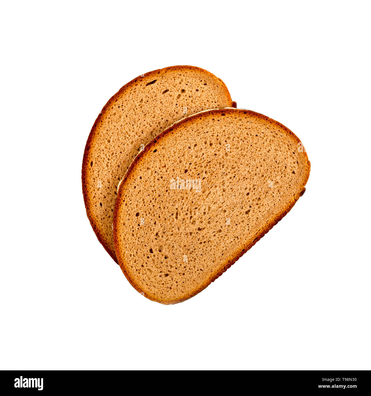 Zwei frisch gebackene Brotscheiben auf weißem Hintergrund. Top Bild anzeigen. Stockfoto
