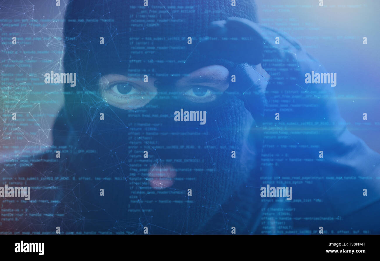 Hacker mit Spyware im Cyberspace wie Cyberkriminalität Konzept Stockfoto