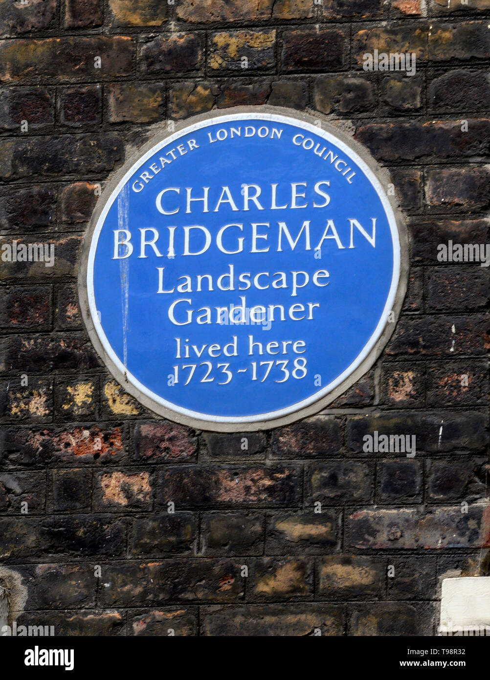 Greater London Blue Plaque Kennzeichnung ein Haus der Landschaftsgärtner Charles Bridgeman 1723-1738 Broadwick Street, Soho, London, UK Stockfoto