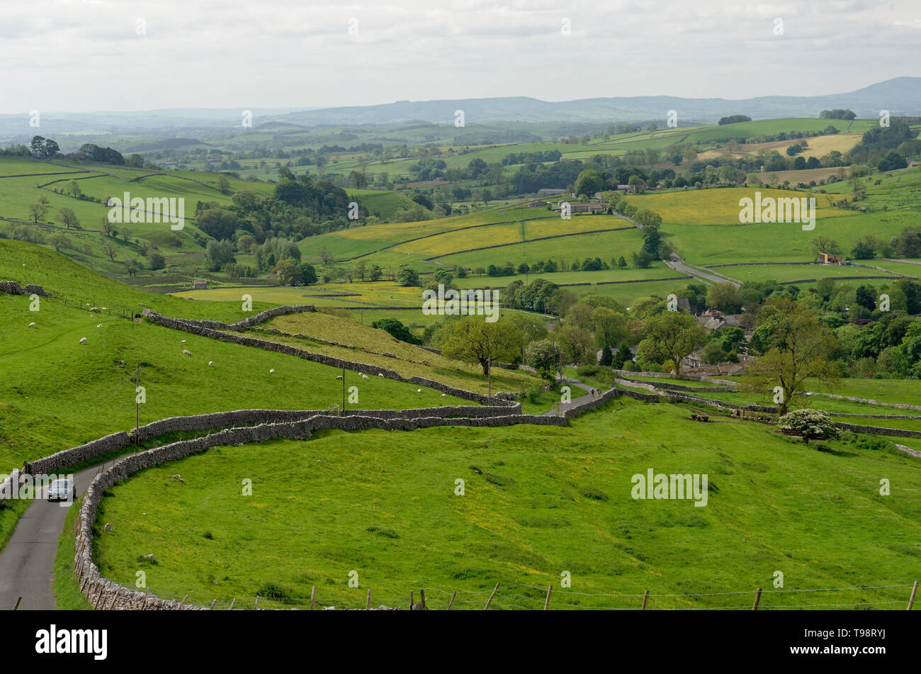 Auf der Suche Malham Rechen Straße auf die grünen und gelben Felder um Malham Dorf in den Yorkshire Dales, England Stockfoto