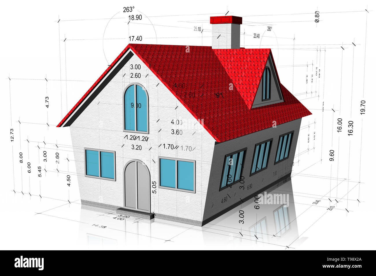 3D-Darstellung. Haus mit Messungen, Bauvorhaben auf weißem Hintergrund. Stockfoto