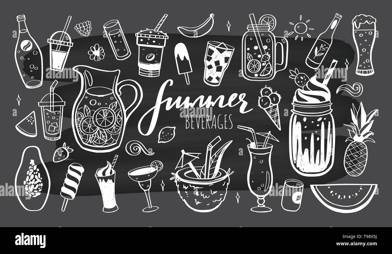 Vektor Hand gezeichnet von kalten Getränken, Sommer Cocktails und Getränke mit Früchten. Verschiedene doodles für Beach Party, Bar, Restaurant Stock Vektor