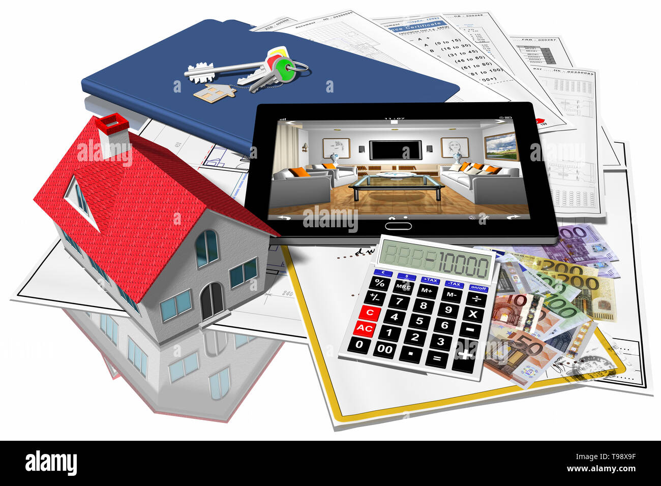 3D-Darstellung. Haus Kauf, Verkauf. Haus Symbol in Kauf, Verkauf, die mit Dokumenten und Schlüsselübergabe. Stockfoto