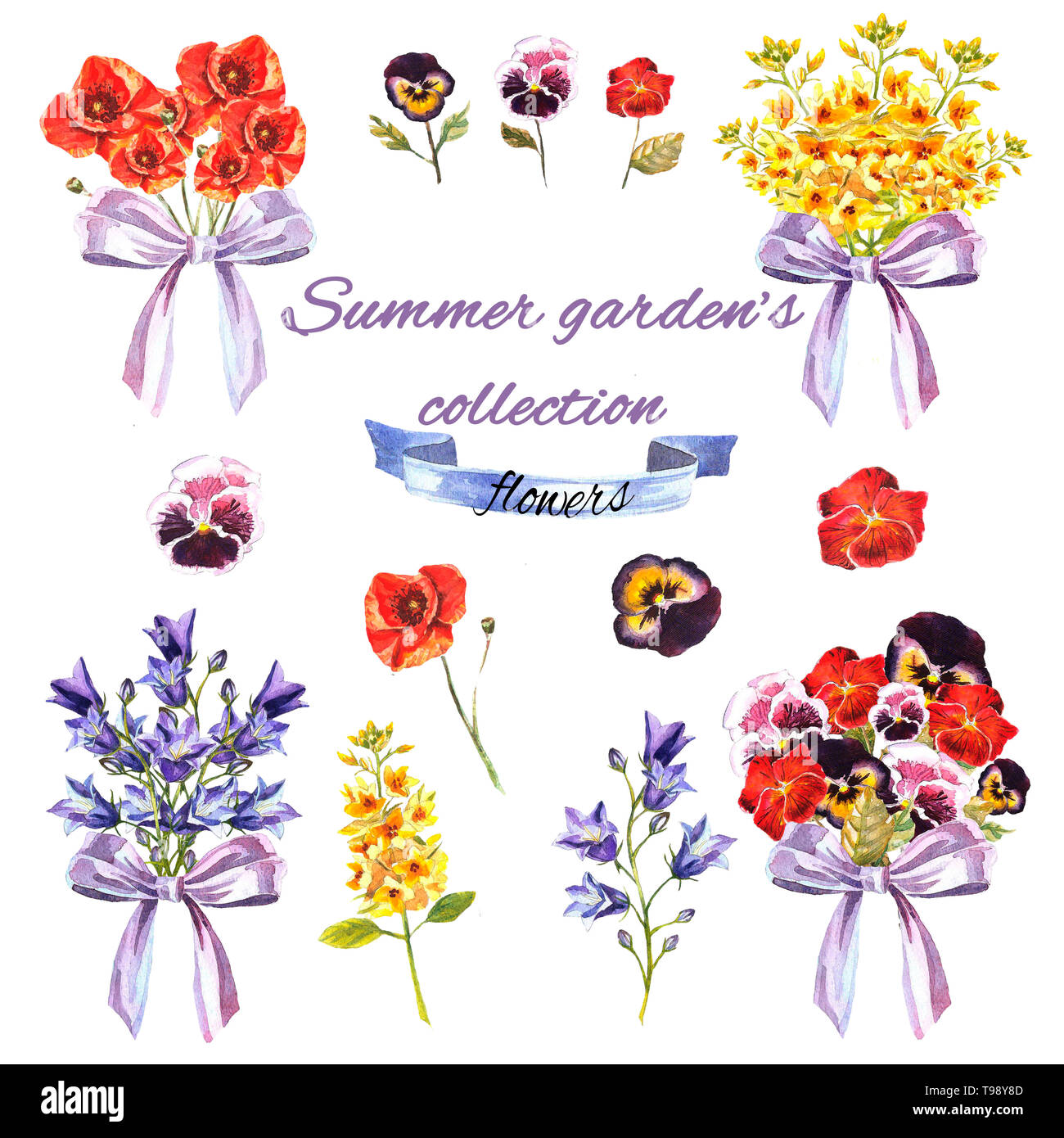 Satz von Aquarell gemalte Hand Bluebells, Veilchen, bouguets, Mohn und Bögen von Licht - Blue Ribbon. Farbenfrohe Sommer perfekt für festliche invi Stockfoto