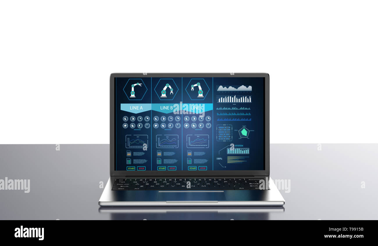 3D-Rendering notebook computer Display ai-System im Werk Stockfoto