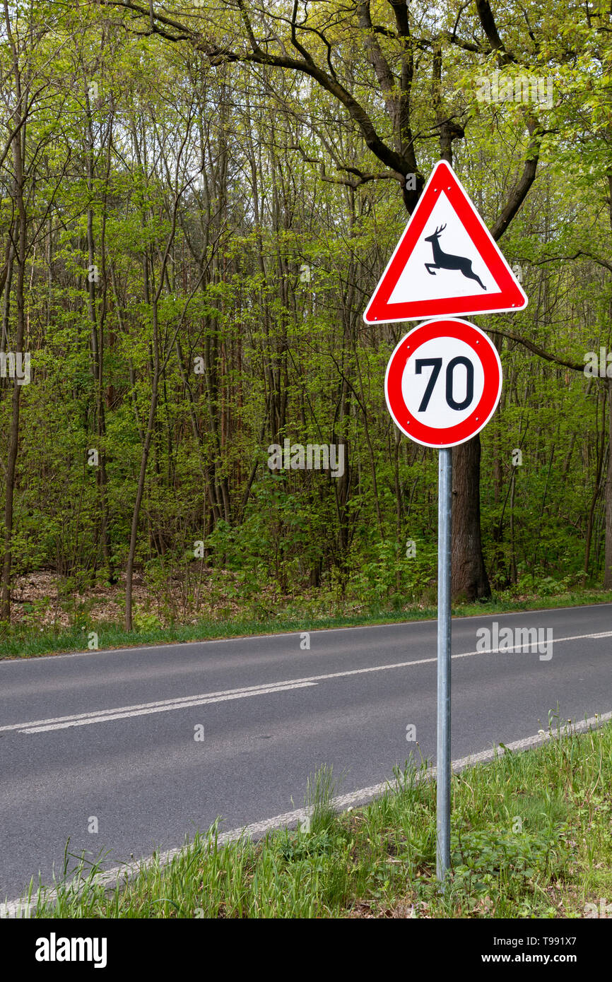 Wildlife Kreuzung Schilder entlang eine bewaldete Strecke von der Straße Stockfoto