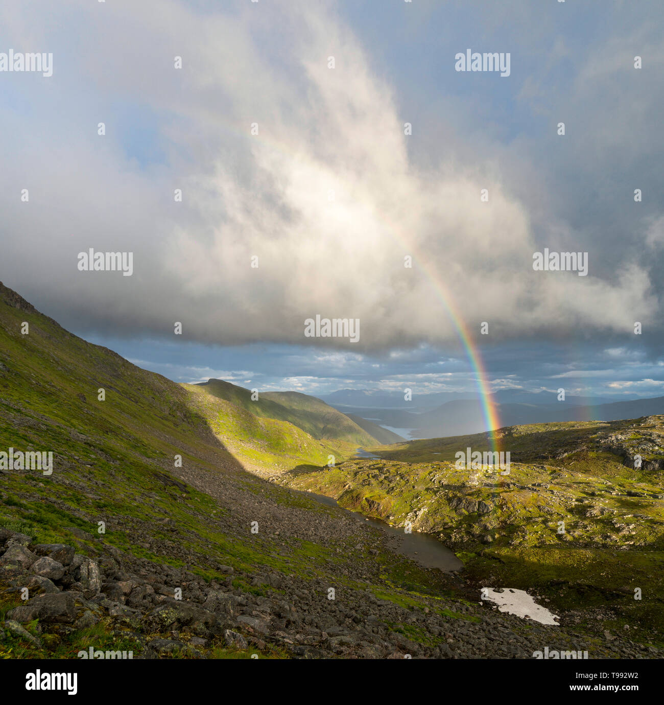 Mittsommer Wanderung durch die Berge von Senja, Norwegen Stockfoto