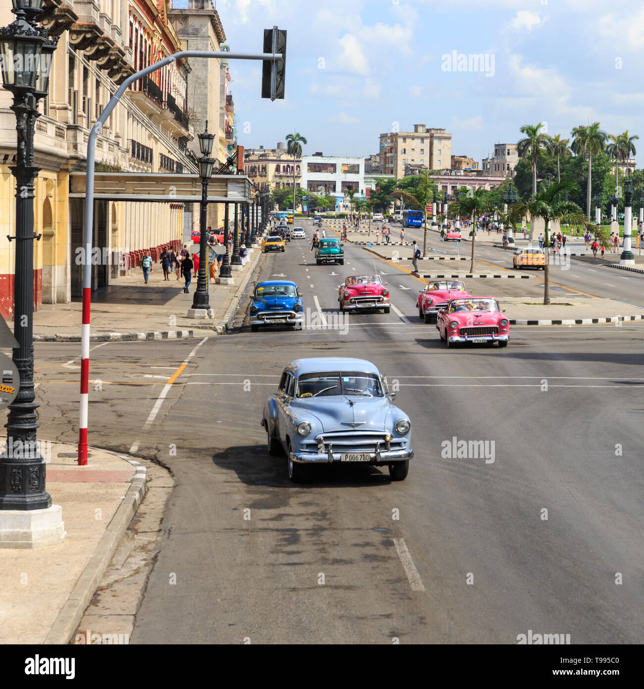 American Classic Cars, Vintage Taxis, die Touristen und Besucher am Paseo de Marti in Havanna, Kuba Stockfoto