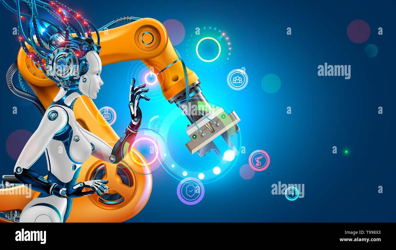 Künstliche Intelligenz arbeitet Automation Industrie Fabrik mit smart Roboterarme. Roboter oder Cyborg Frau mit ai Steuerung der industriellen Fertigung über Stock Vektor