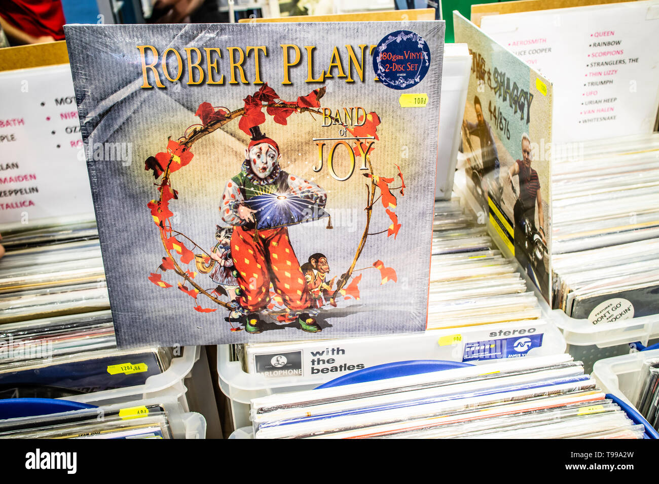 Corato, Polen, Mai 110, 2019 Robert Plant album auf Anzeige für Verkauf, Vinyl, LP, Album, Rock, englischer Sänger, Sammlung von Vinyls Stockfoto