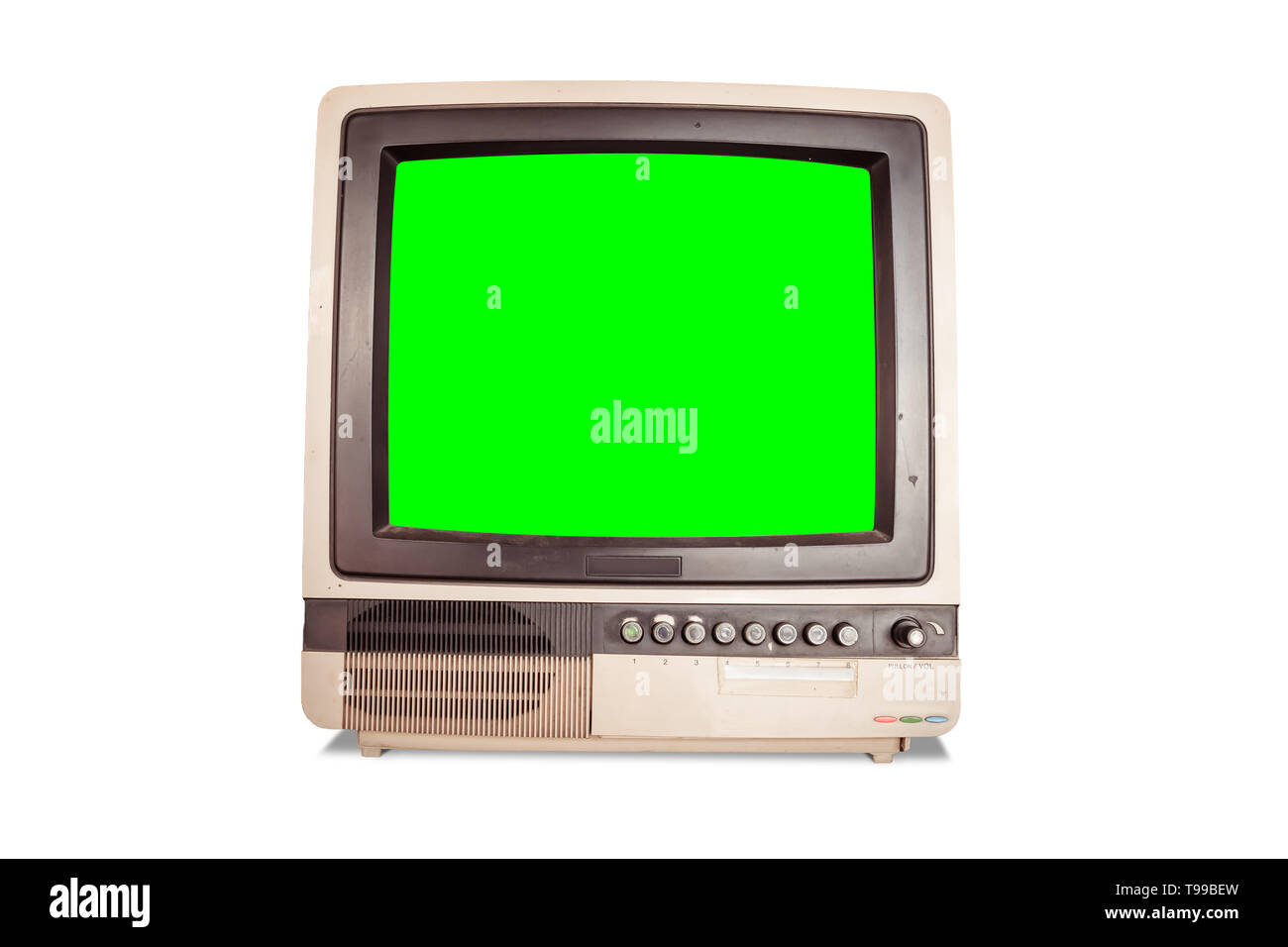 Vorderansicht der Alten retro Home TV-Empfänger mit leeren Bildschirm Grün auf weißem Hintergrund mit Freistellungspfad isoliert Stockfoto