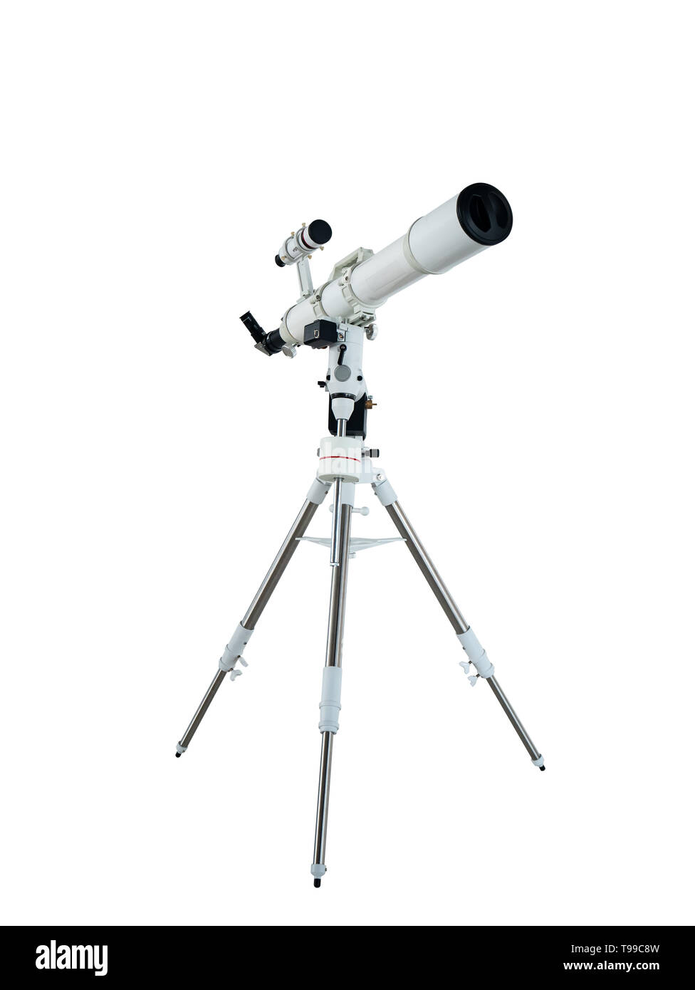 Teleskop auf einem Stativ auf weißem Hintergrund mit Freistellungspfad isoliert Stockfoto