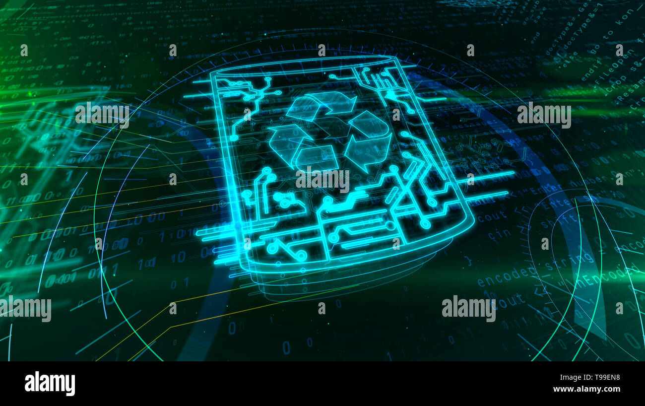 Computer Papierkorb Symbol auf dynamischen digitalen Hintergrund. Glühende digitale Daten Symbol abstract 3 Abbildung d löschen. Helle recycling unterzeichnen. Stockfoto