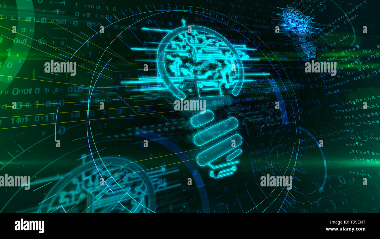 Innovation, kreative Idee und erfolg konzept Symbol auf digitalen Hintergrund. Cyber Glühlampe hologramm Symbol abstrakten 3D-Darstellung. Stockfoto