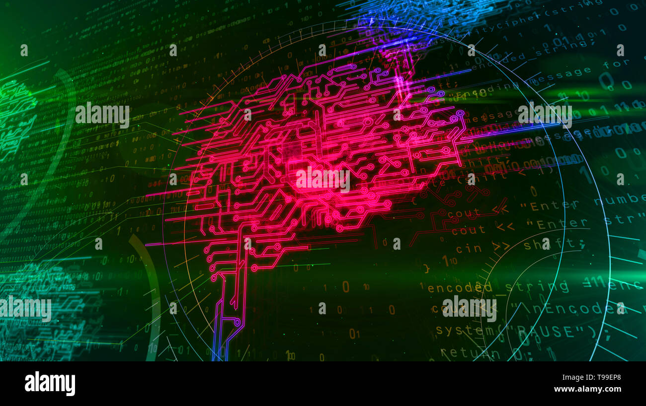 Kybernetische Gehirn, Tiefe des maschinellen Lernens und der künstlichen Intelligenz abstrakte Konzept 3 Abbildung d. Cyber mind Hologramm auf digitalen Hintergrund. Stockfoto