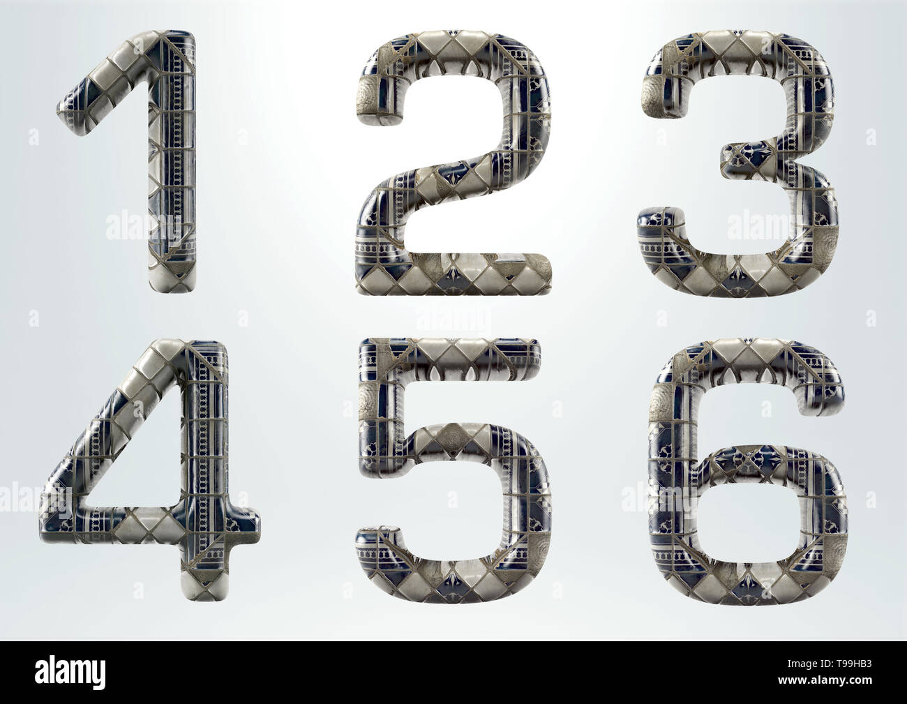 Keramik Alphabet - 3D-Rendering Set 1 bis 6 auf weißem Hintergrund isoliert auf weißem Hintergrund isoliert (umfasst Freistellungsmasken) Stockfoto