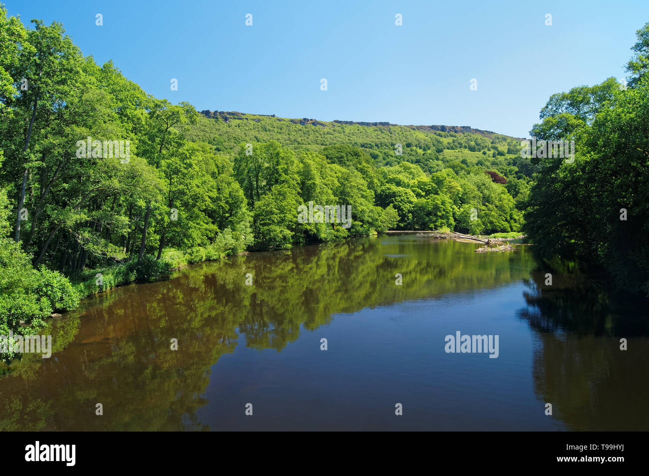 Großbritannien, Derbyshire, Peak District, Calver, River Derwent und Curbar Edge von New Bridge. Stockfoto