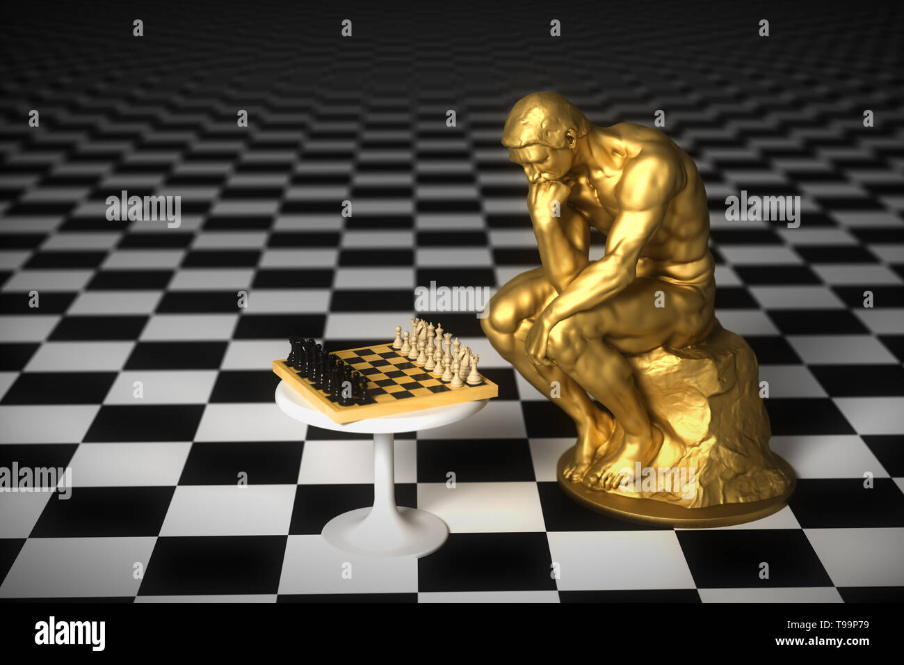 Gold Skulptur Denker grübeln das Schachspiel. 3D-Darstellung. Stockfoto