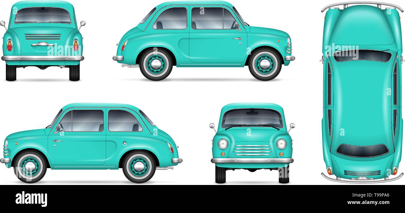 Kleine retro Auto vector Mockup auf weißem Hintergrund. Isolierte Vorlage des klassischen Minicar für Fahrzeug Branding, Werbung und Corporate Identity Stock Vektor