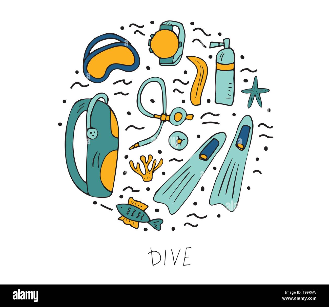 Runde Plakette mit Tauchen Satz von Elementen und Ausrüstung. Unterwasser Aktivität Symbole und Zubehör. Scuba Diver Flossen, Maske, Aqualung und andere g Stock Vektor