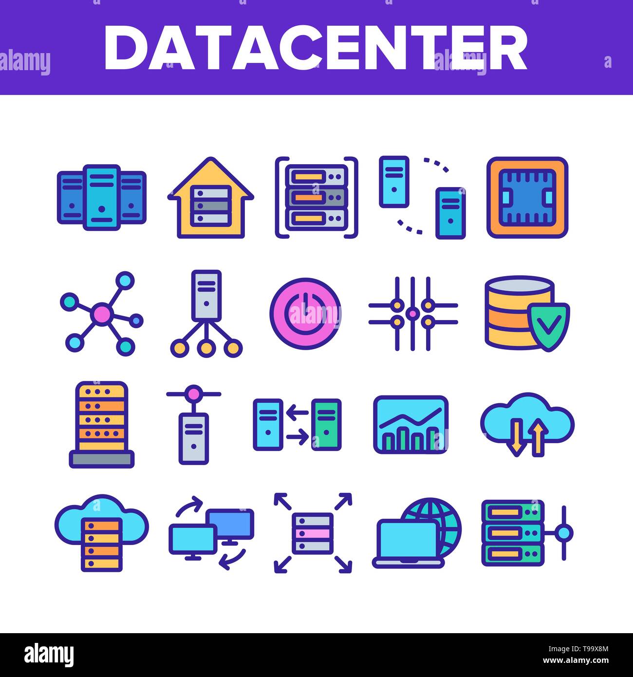 Data Center, Lineartechnik Vector Icons einstellen. Data Analytics, Remote Access Thin Line Kontur Symbole Pack. Cloud Computing, Networking Piktogramme Stock Vektor