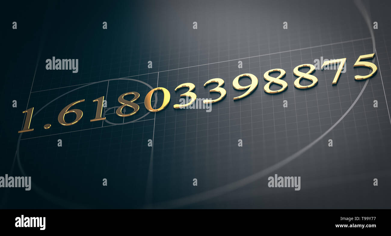 3D-Darstellung des goldenen Schnitts. Fibonacci-folge Konzept über schwarzen Hintergrund. Stockfoto
