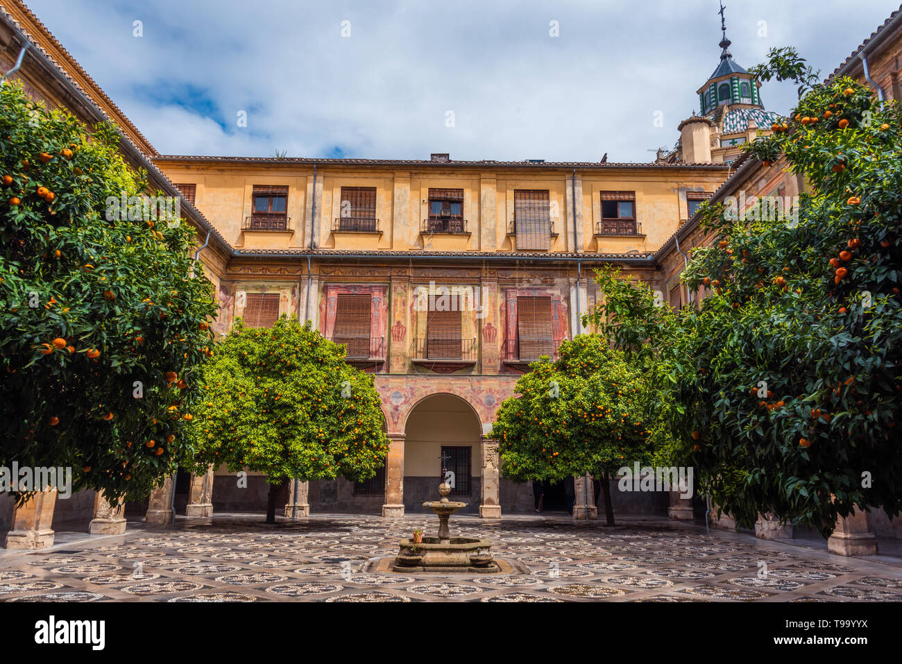 Innenhof des Krankenhaus San Juan De Dios in Granada, mit Orangenbäumen und die Basilika. Stockfoto