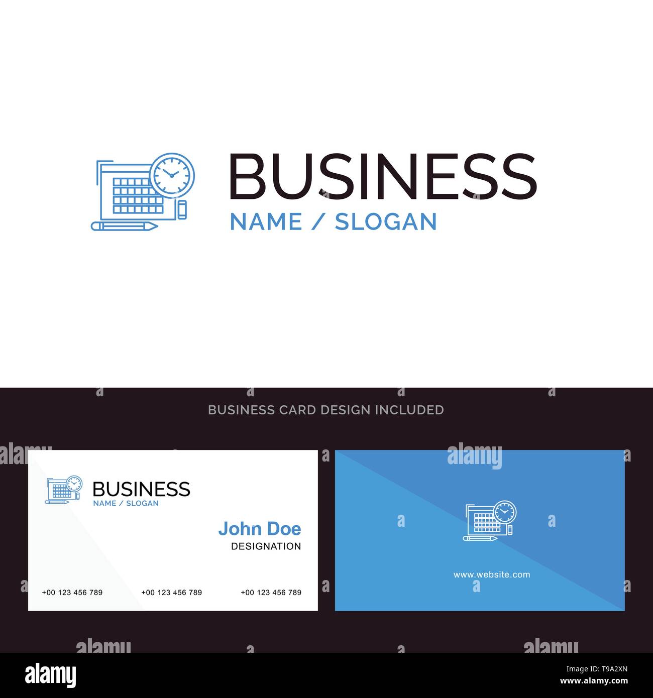 Zeit-, Datei-, Pen, Focus Blue Business Logo und Visitenkarte vorlage. Vorder- und Rückseite Design Stock Vektor