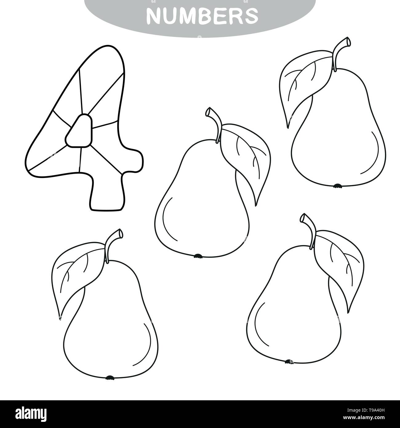 Lernspiel - Lernen zahlen. Nummer Vier. Malbuch für Kinder im Vorschulalter. Vier Birnen Stock Vektor