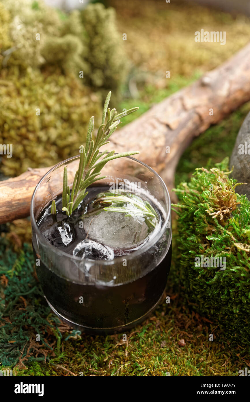 Schwarz Cocktail mit Rosmarin auf Moss, natürliches Getränk Konzept Stockfoto