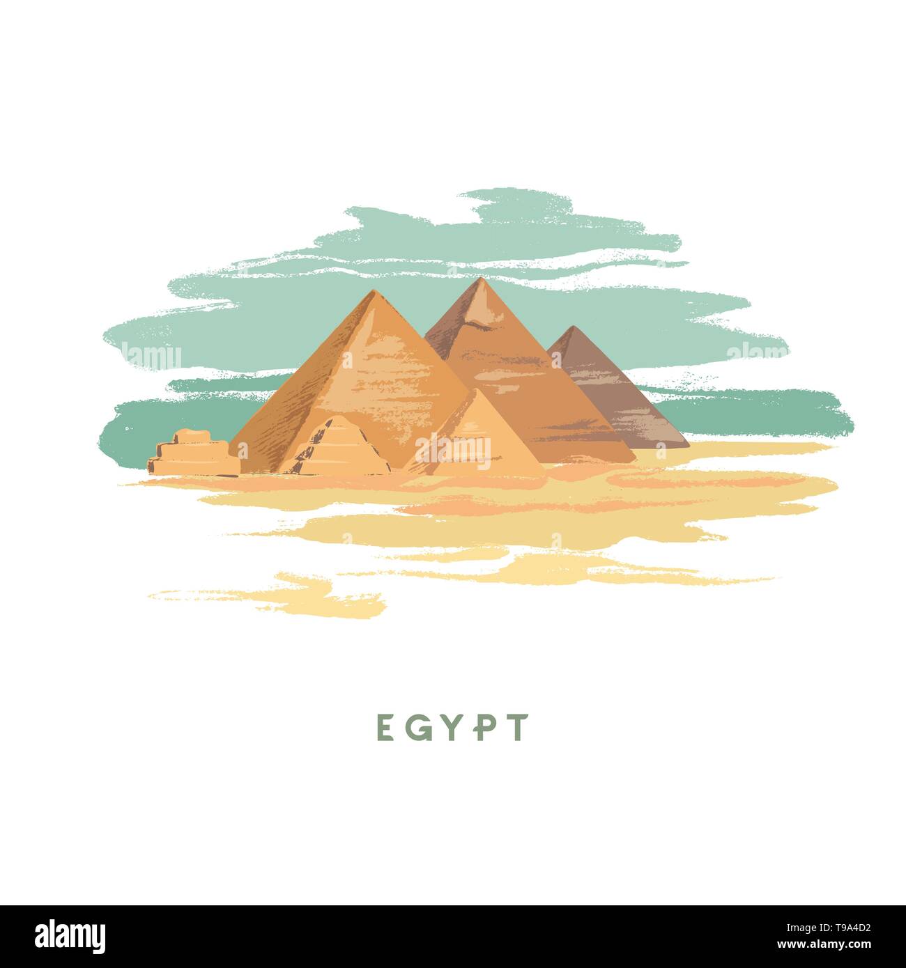 Bunte handgezeichnete Vektor-illustration Pyramiden von Gizeh, Ägypten Hand in weißen Hintergrund gezeichnet. Design für das Reisebüro. Stock Vektor