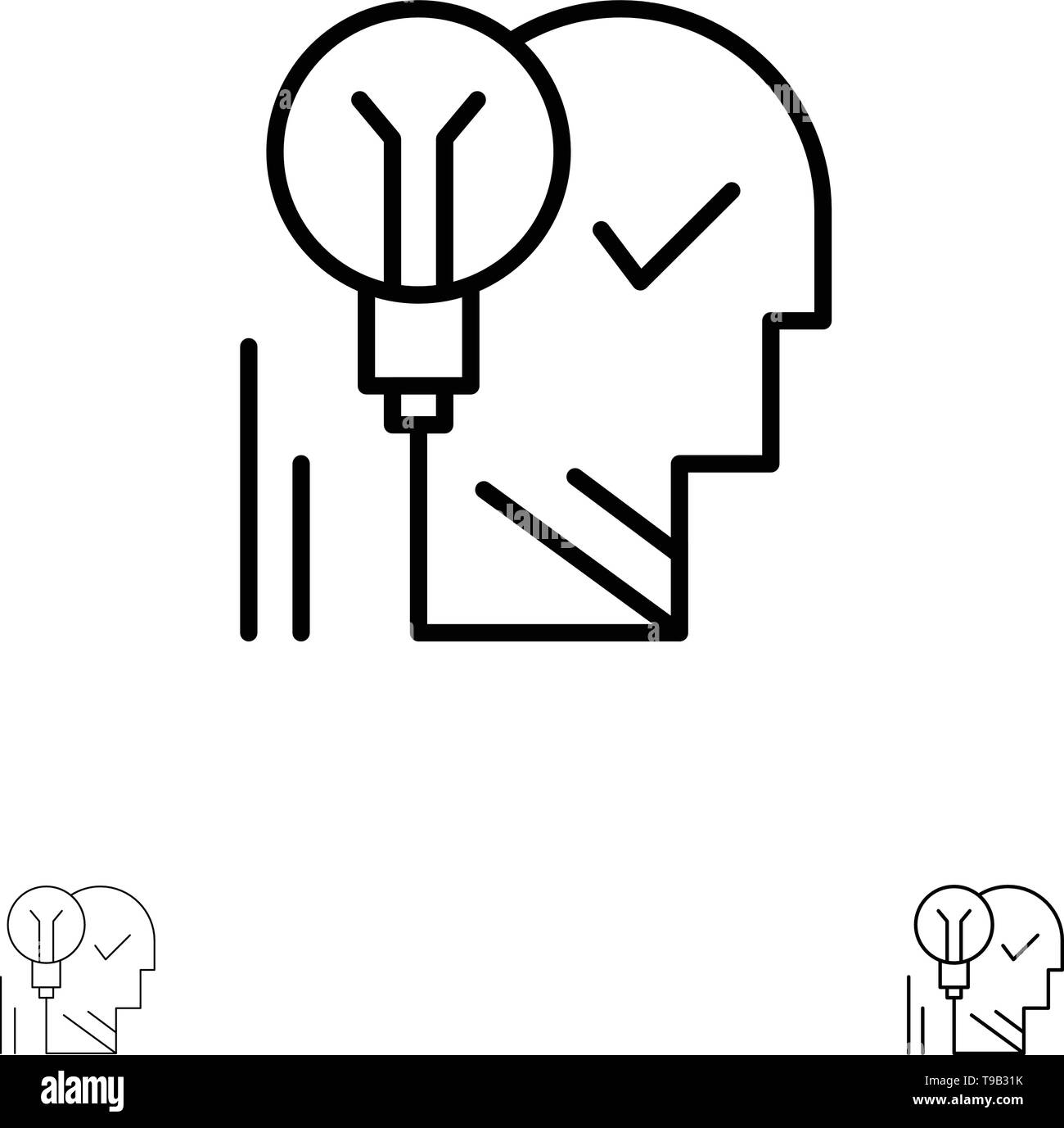 Kreative, Gehirn, Idee, Glühbirne, Geist, Persönliche, Macht, Erfolg Fett und dünne schwarze Linie Icon Set Stock Vektor
