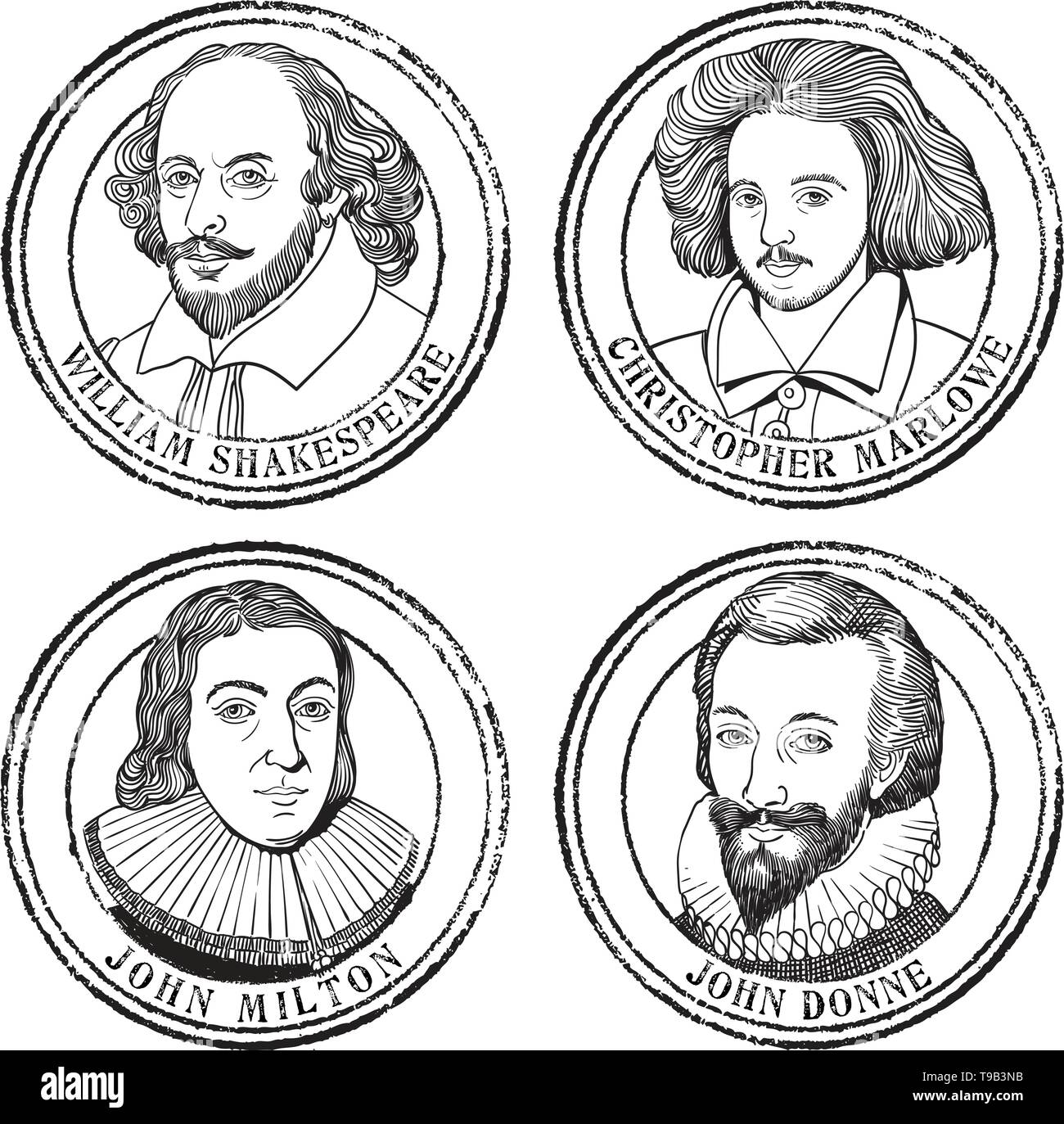 Portrait Illustration Stempel in Linie kunst von William Shakespeare, John Milton, Christopher Marlowe und John Donne. Stock Vektor