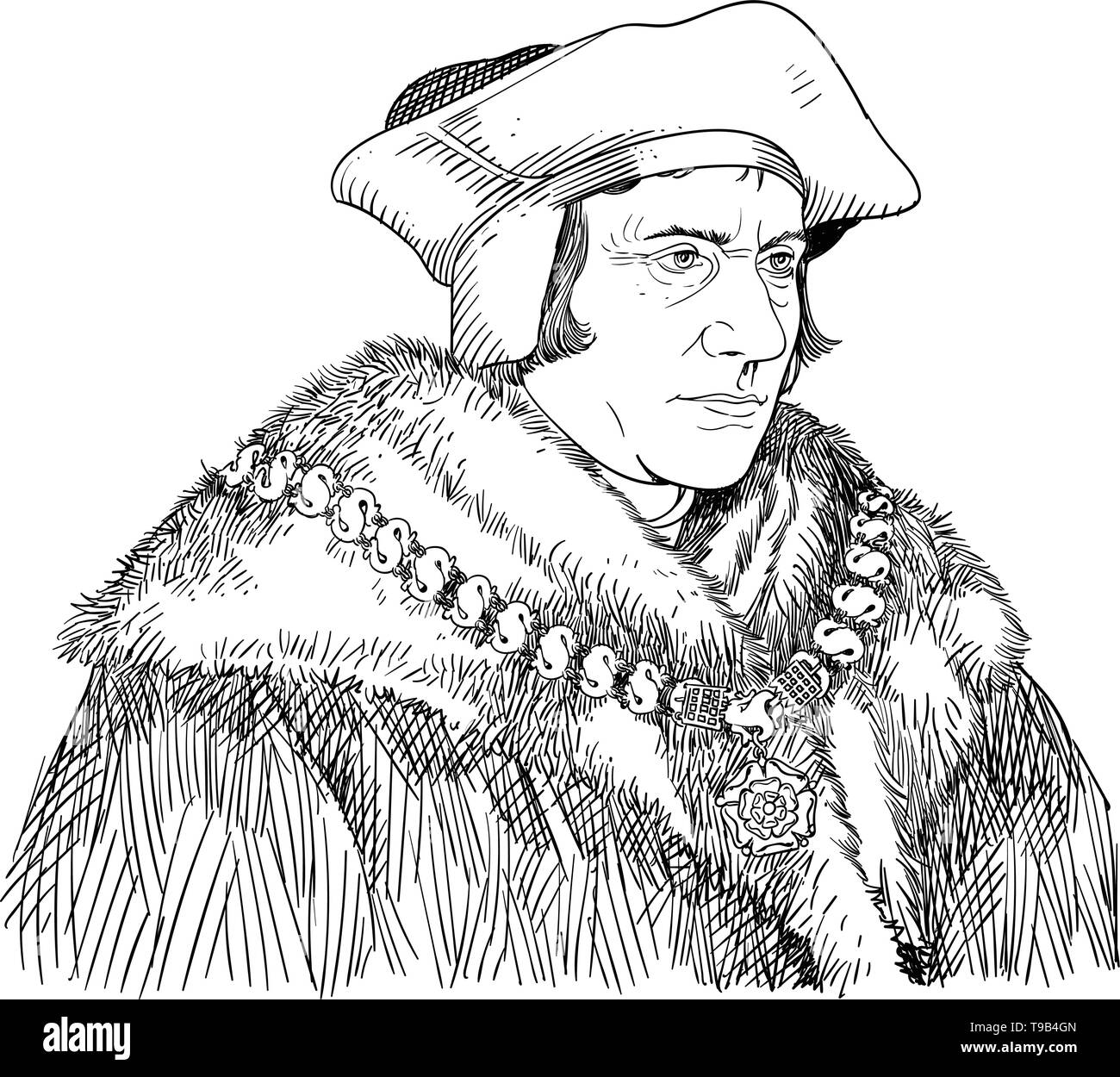 Sir Thomas More Portrait im Einklang Art Illustration. Er war ein englischer Anwalt, Philosoph, Autor, Staatsmann und humanist der Renaissance. Stock Vektor