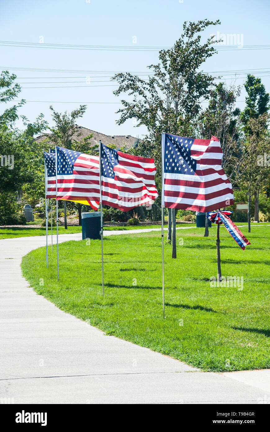 Amerikanische Fahnen wehen in einem Gebiet der Gemeinschaft in Kennewick, Washington. Stockfoto