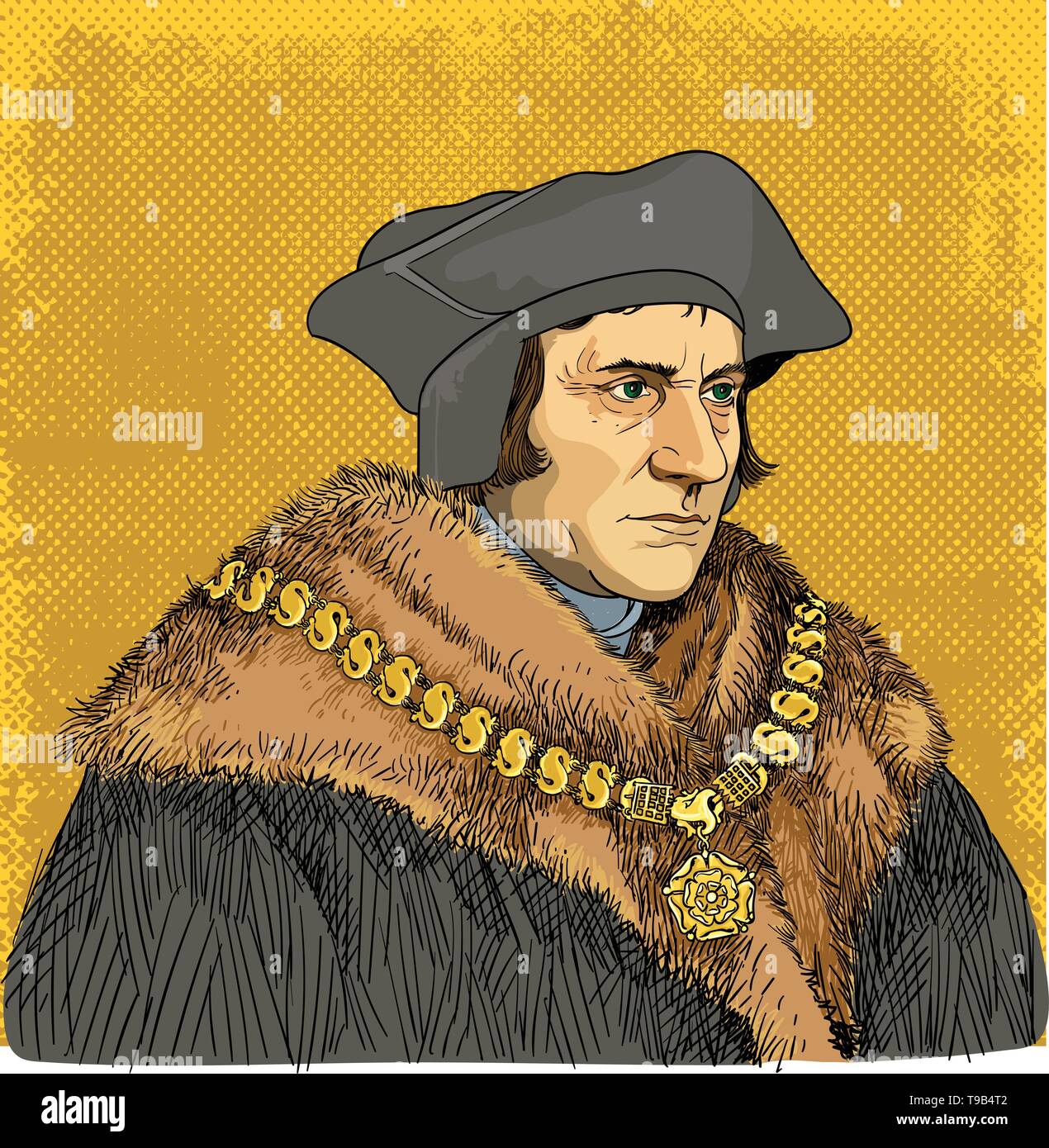Sir Thomas More Portrait im Einklang Art Illustration. Wpw war ein englischer Anwalt, Philosoph, Autor, Staatsmann und humanist der Renaissance. Stock Vektor