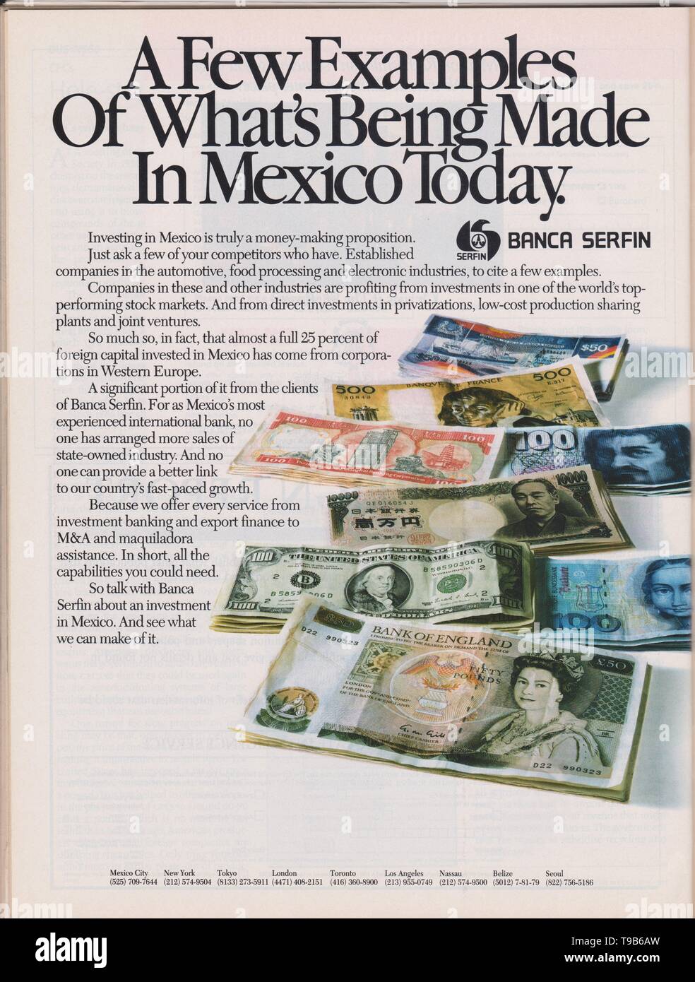 Plakat werbung Banca Serfin im Magazin von 1992, um nur einige Beispiele der in Mexiko hergestellt werden heute Slogan Werbung Stockfoto
