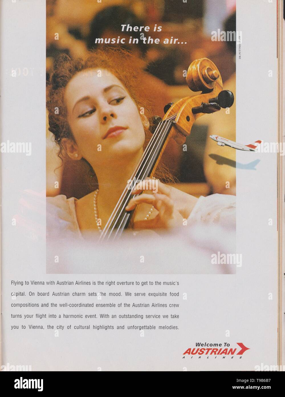 Plakat werbung Austrian Airlines im Magazin von 1992, gibt es Musik in der Luft Slogan, kreative Werbung, Stockfoto