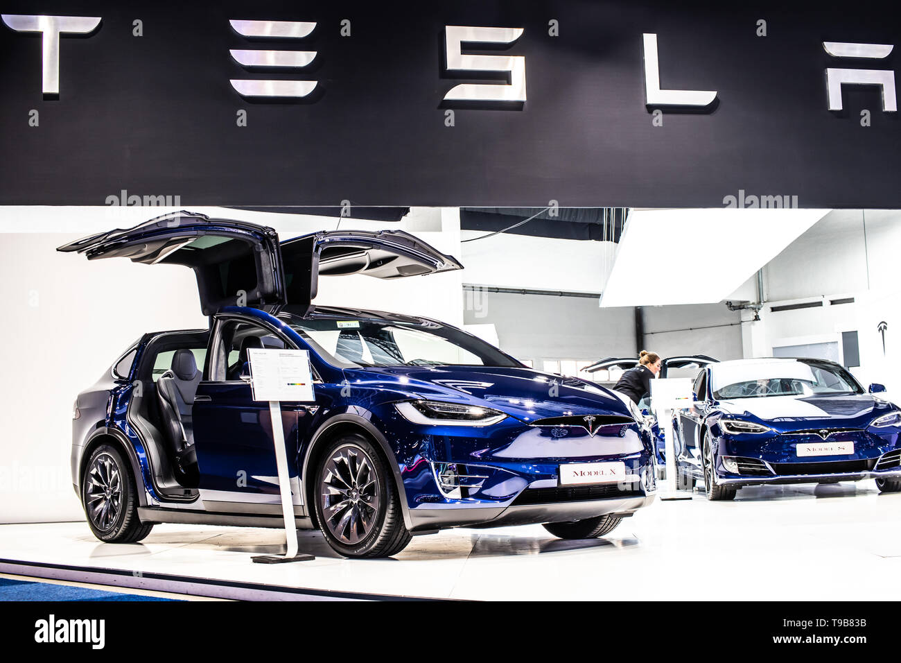 Brüssel, Belgien, 21.Januar 2019: metallic blau Tesla Model X P 100 D zu Brüssel Motor Show, Elektrofahrzeug EV-SUV von Tesla produziert, Stockfoto