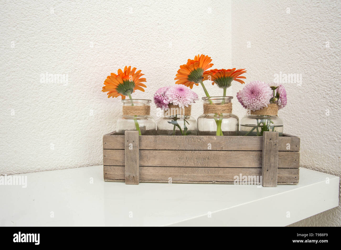 Holzkiste mit orange und rosa Blüten auf Weiß Regal, weißer Hintergrund, modernes Design Stockfoto