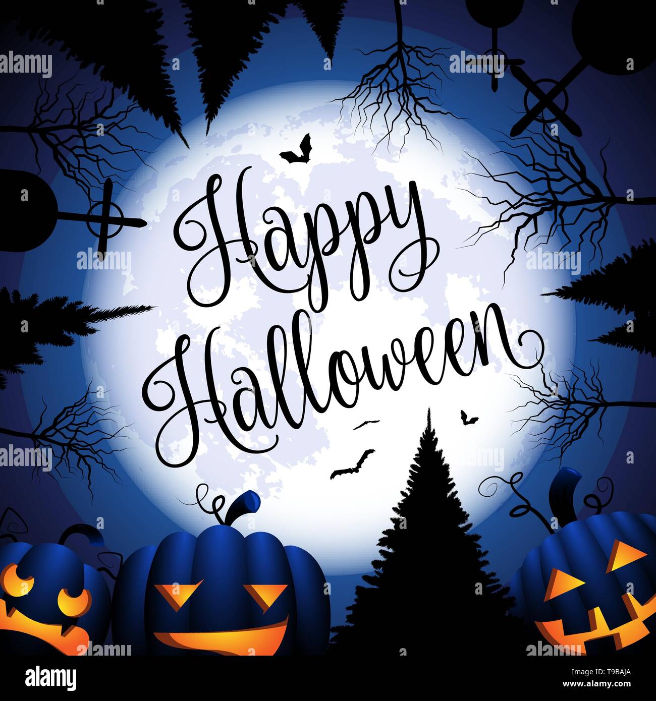 Happy Halloween Card mit Kürbissen, Mond und Bäume Stock Vektor