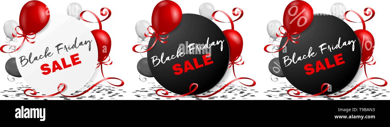 Schwarzer Freitag Verkauf Tasten mit Ballons und Konfetti Stock Vektor
