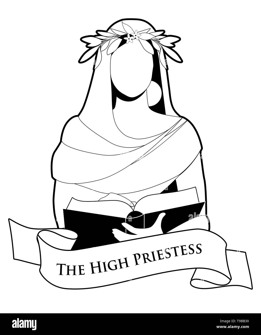 Tarot Karte Konzept. Die Hohe-priesterin mit einem Lorbeerkranz, ein Buch zu lesen. Text Banner. Auf weissem Hintergrund Stock Vektor