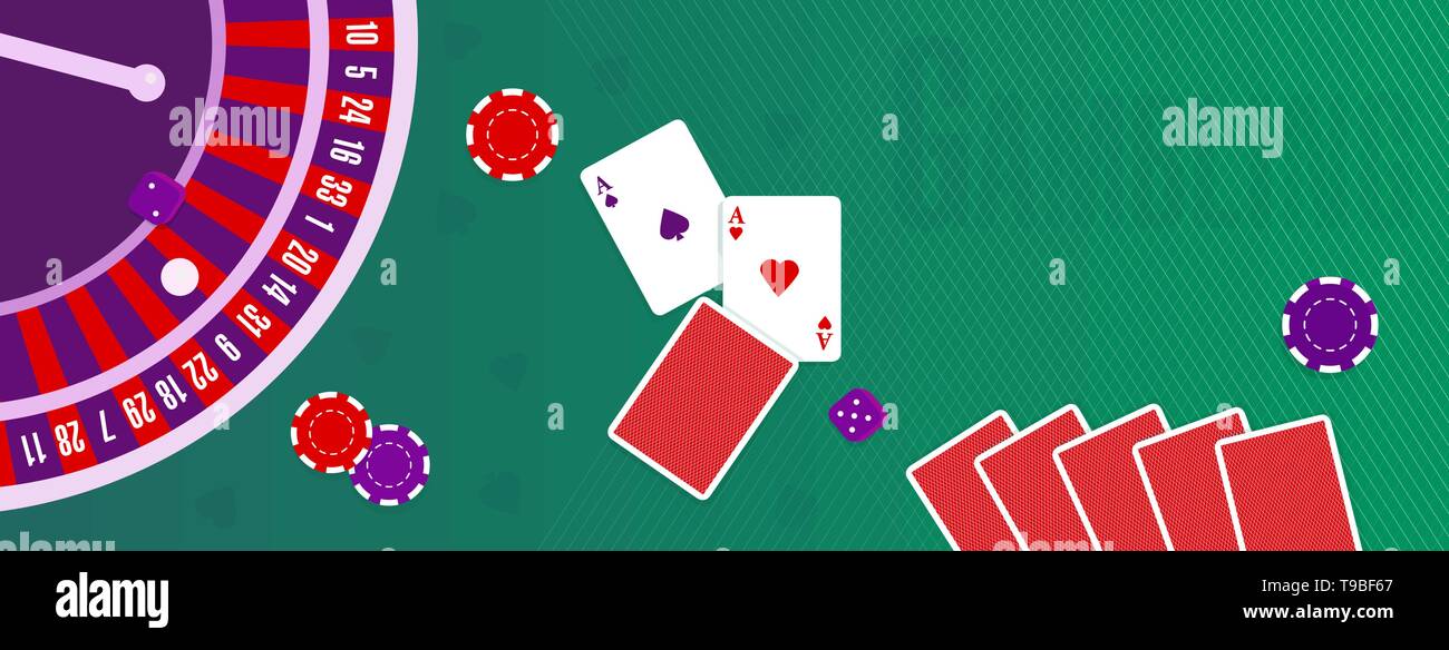 Vector Illustration oder Abdeckung für eine Site über das Glücksspiel. Chips, Roulette, Karten, Würfel auf dem Hintergrund der Tabelle mit grünem Tuch Stock Vektor