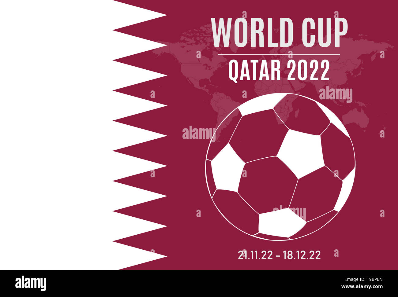 Abbildung: 2022 Fußball-WM in Katar. Flagge mit Fußball und Welt im Hintergrund Stockfoto