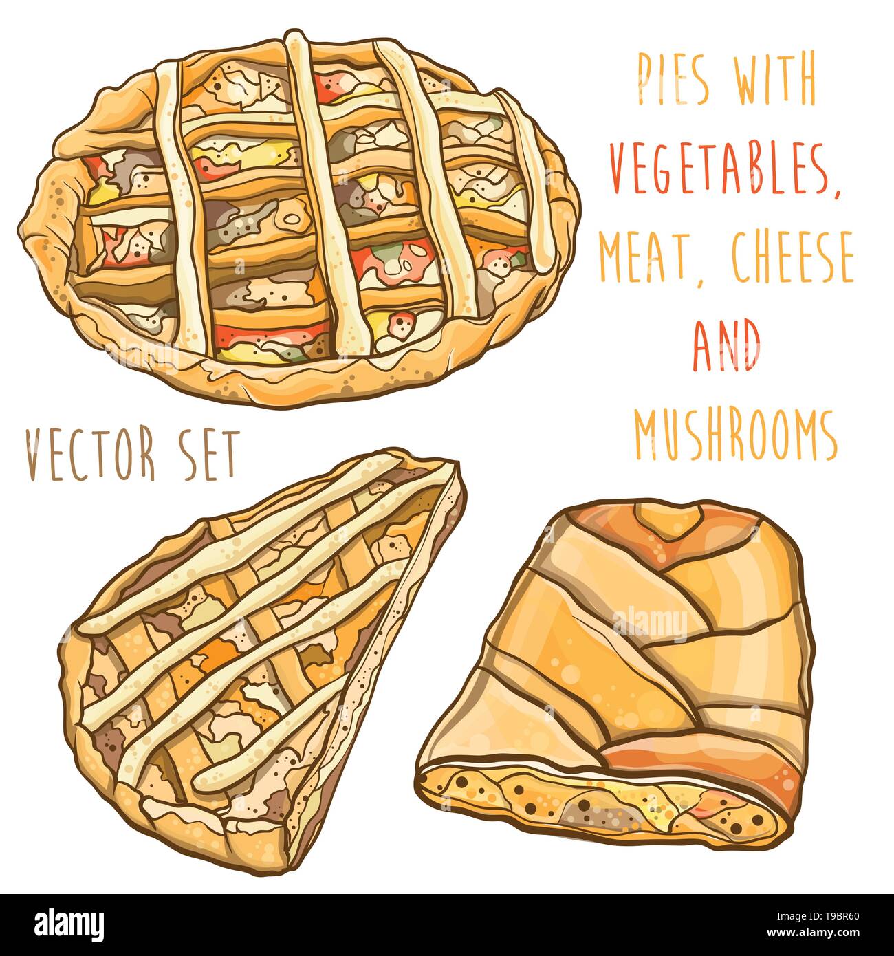 Vektor farbige Abbildung der Torten mit Füllung: Gemüse, Fleisch, Käse und Champignons. Vektor einrichten. Eps 10. Stock Vektor