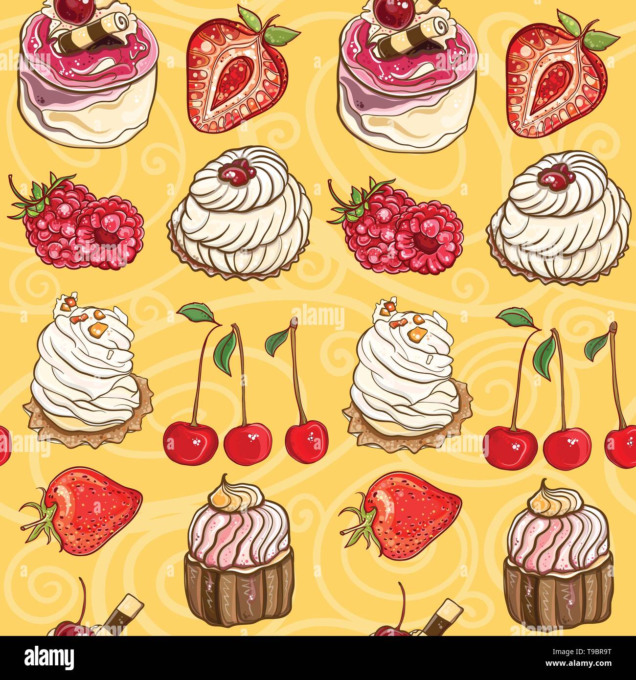 Nahtlose Hintergrund mit Kuchen und Beeren. Sahne Kuchen. Kirsche, Erdbeere, Himbeere. Vector EPS 10 Muster. Stock Vektor