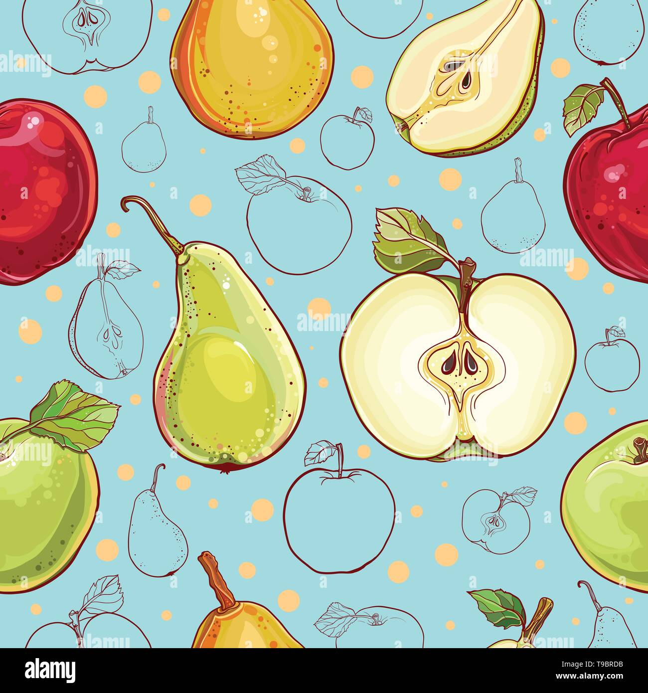 Helle Vektor nahtlose Muster mit frischen Äpfeln und Birnen. Einzelnen Apfel und Birne, Apfel und Birne, farbigen und strichzeichnung von Früchten. eps Stock Vektor